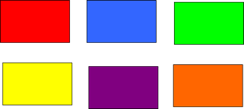 6 rektangler på 2 kolonner, rød, blå, grønn øverst og gul, lilla og orange nederst