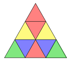 Trekant bestående av 9 fargelagte trekanter