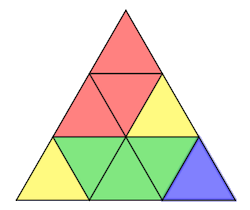 Trekant bestående av 9 fargelagte trekanter