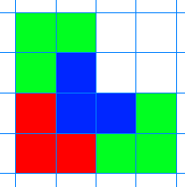 Rutenett med 12 skraverte felt I rødt grønt og blått