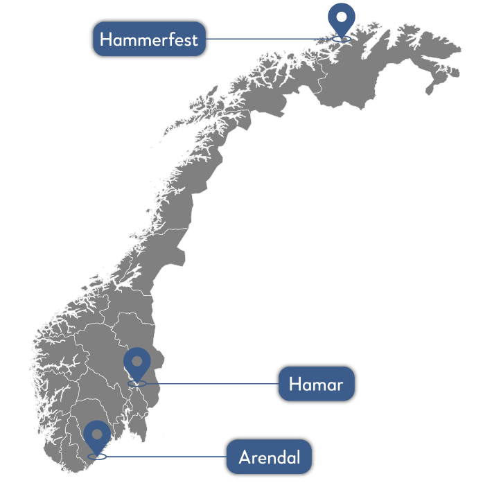 Norgeskart med fokus på Hammerfest, Hamar og Arendal.