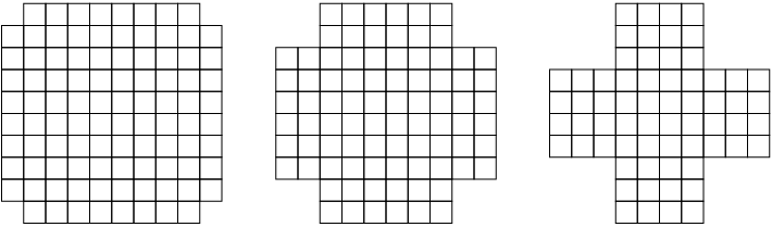 Tre varianter av kvadratiske rutenett. På de tre rutenettene er henholdsvis 1, 2 og 3 ruter store kvadrater fjernet i hvert hjørne.