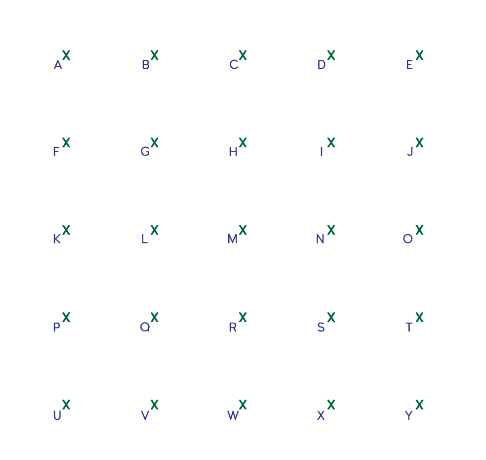 Rutenett der alle kryssende punkter er markert med bokstaver opphøyd i x.
