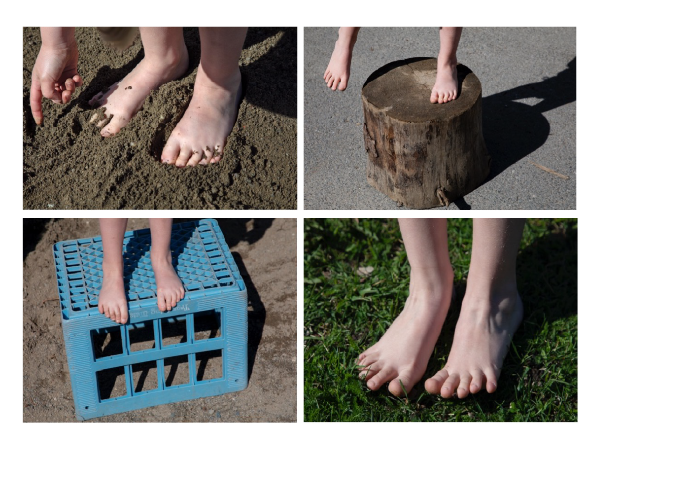 4 bilder av barns føtter i sand, på gress, på en stubbe og på en melkekasse