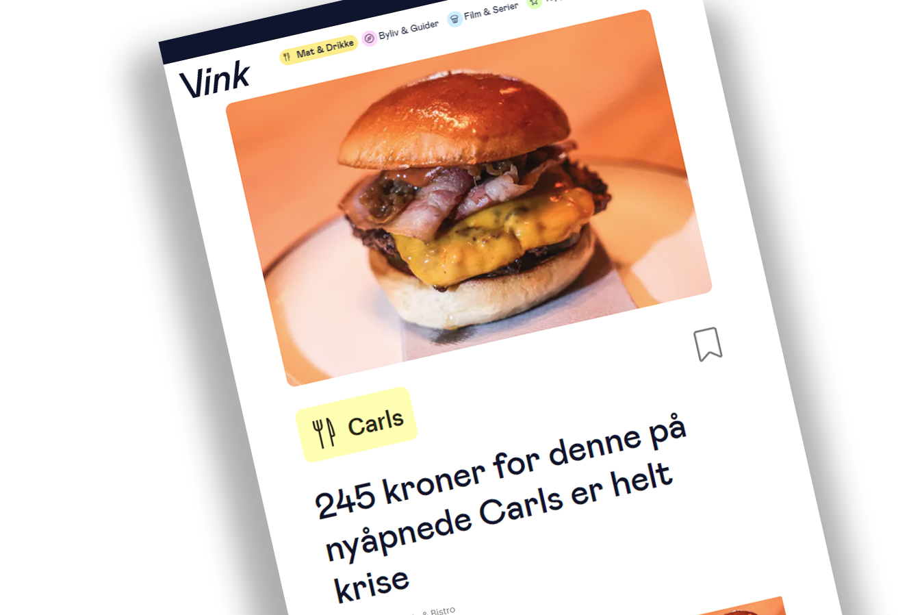 Faksimile: En hamburger med teksten "245 kroner for denne på nyåpnede Carls er helt krise".