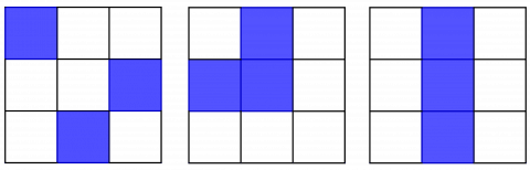 Tre kvadrat på rekke og rad