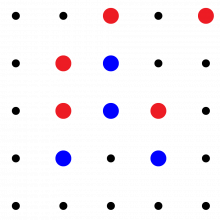Bilde av svarte, røde og blå prikker 5 x 6 