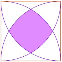 et kvadrat med sidelengde 1 er det tegnet inn buer med radius 1 med sentrum i hvert hjørne, slik figuren viser. Buene skjærer hverandre inne i kvadratet i fire punkter som blir hjørnene i det fargede området