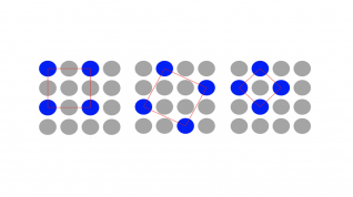 Tre kvadrater med grå og blå prikker