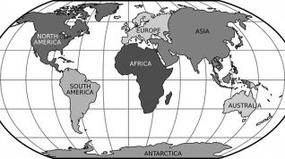 Verdenskart med navn på verdensdelene